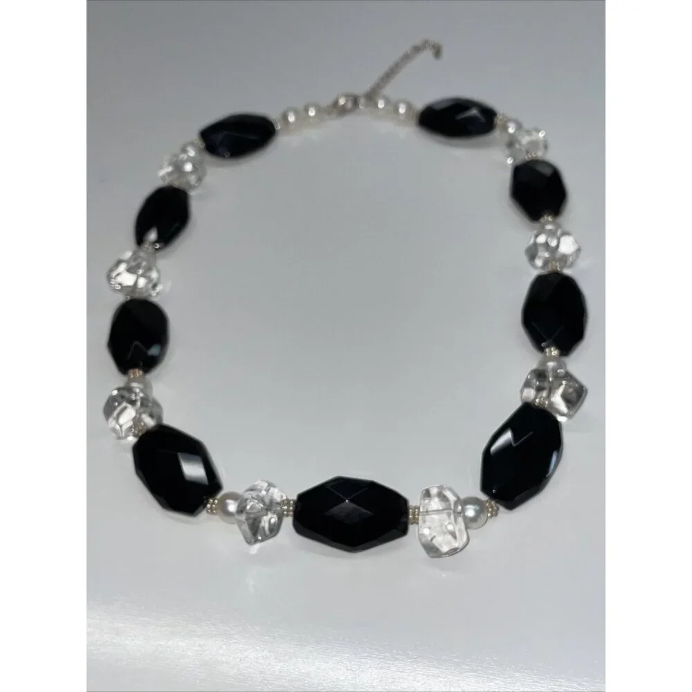 Lucas Lamenth black Faceted Glass Pearl Natural Stone Necklace LUC‎ 925 AL4.2